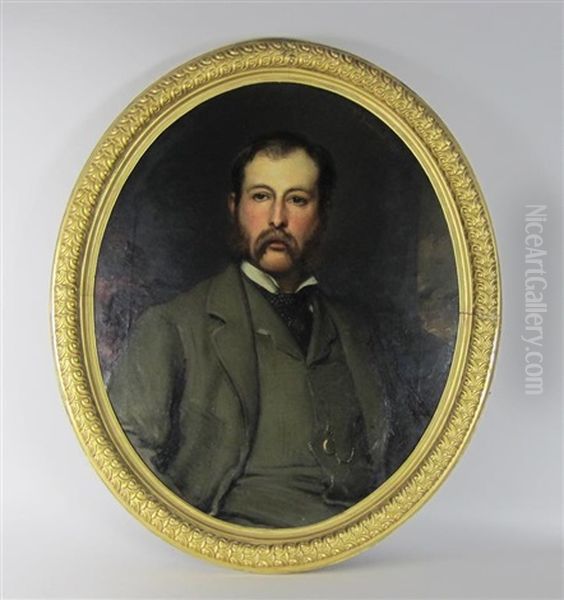 Portrait Of John Baddeley Wood (1849-1911), In A Grey Suit And With Spotted Cravat; And Portrait Of His Wife Elizabeth (b.1855), Wearing A Lace-trimmed Pink Dress (2 Works) Oil Painting by Roberto Bompiani