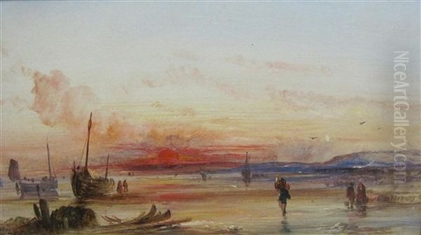 Fisherfolk On A Shore, Sunset Oil Painting by William Joseph J. C. Bond