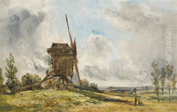 A Windmill In An Extensive Landscape (+ An Aquaduct In An Extensive Landscape; 2 Works) Oil Painting by William Joseph J. C. Bond