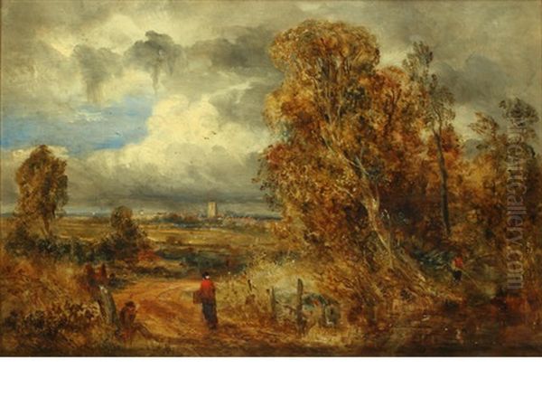 Figures On A Country Road, A Church Tower Beyond Oil Painting by William Joseph J. C. Bond