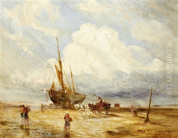 The Wreckers - Unloading A Beached Sailing Boat, Thought To Be Near Caernarvon Oil Painting by William Joseph J. C. Bond