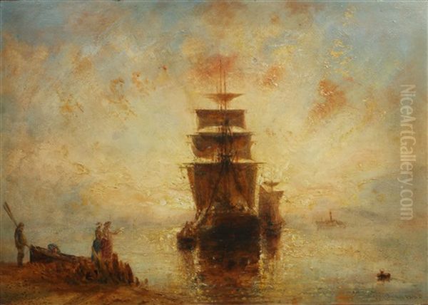 Sailing Vessel In A Calm In Sunset Oil Painting by William Joseph J. C. Bond