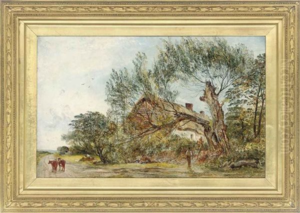 Figures By A Fallen Tree, Before A Cottage Oil Painting by William Joseph J. C. Bond