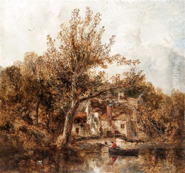 River Scene With A Rowing Boat Near A Cottage Oil Painting by William Joseph J. C. Bond