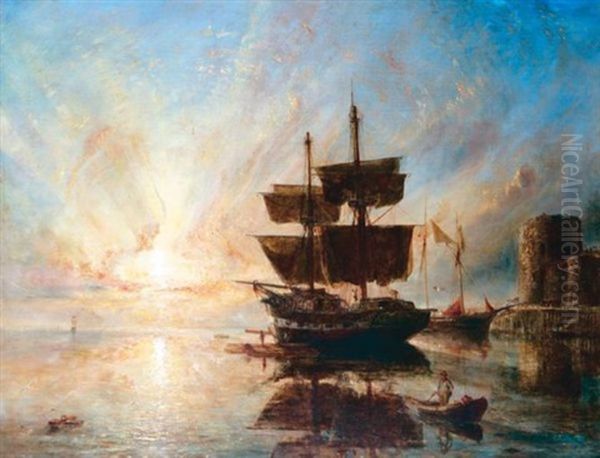 Ship In Harbour At Sunset Oil Painting by William Joseph J. C. Bond