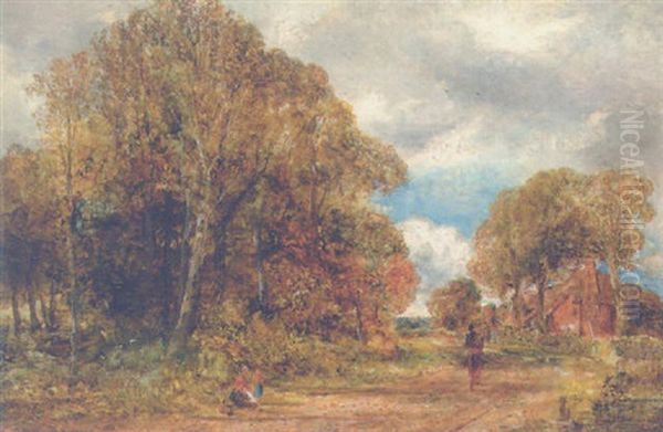 Figures On A Country Track With A Cottage Beyond Oil Painting by William Joseph J. C. Bond