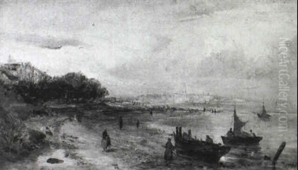 Figures And Boats On The Coast Before A Town Oil Painting by William Joseph J. C. Bond