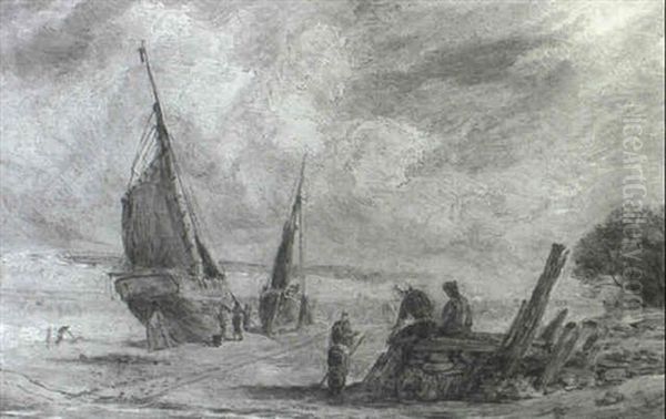 Figures By Beached Fishing Vessels Oil Painting by William Joseph J. C. Bond