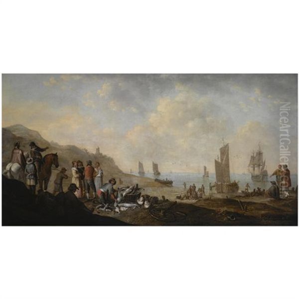 A Beach Scene With Fishermen Unloading The Catch, Two Horsemen Conversing To The Left Oil Painting by Jan De Bondt