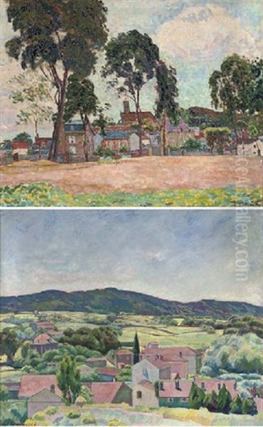 A Village In The South Of France (+ Another Similar, Smaller; 2 Works) Oil Painting by Walter Bondy