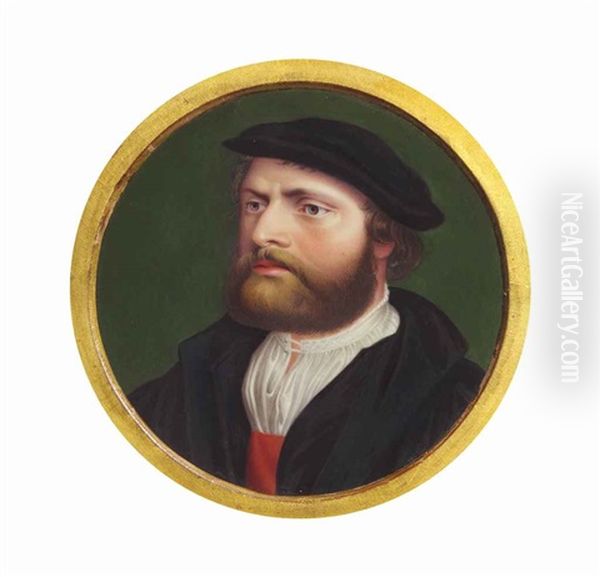 Self-portrait Of Hans Holbein The Younger (1497/98-1543), In Black Gown, White Shirt With Red Tunic, Black Cap; After Hans Holbein The Younger Oil Painting by Charles Richard Bone