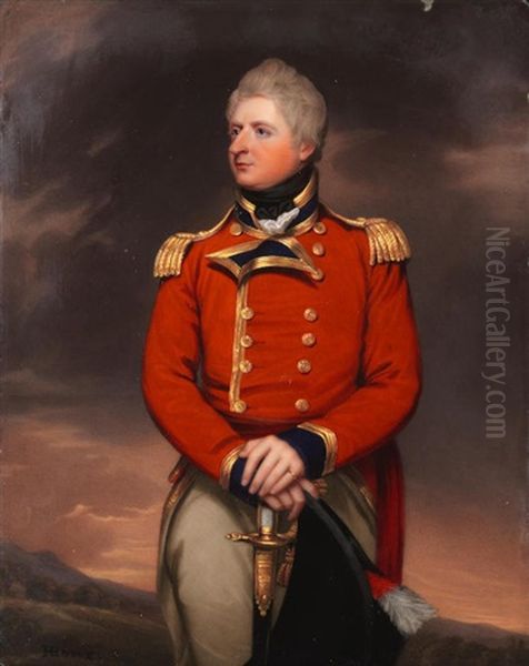 Portrait Of Lt.-col. Hon. Francis Wheler Hood, Three-quarter-length, In A Red Coat, Standing Before A Landscape Oil Painting by Henry Bone