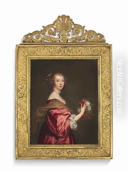 Catherine Howard, Lady D'aubigny (1620-1650), In Crimson Dress, With Flowers Oil Painting by Henry Bone