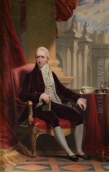 Portrait Miniature Of A Gentleman, Wearing A Purple Velvet Jacket And Breeches, Sitting In A Leather And Giltwood Armchair, An Inkstand And Papers At His Side, Classical Buildings Beyond Oil Painting by Henry Bone