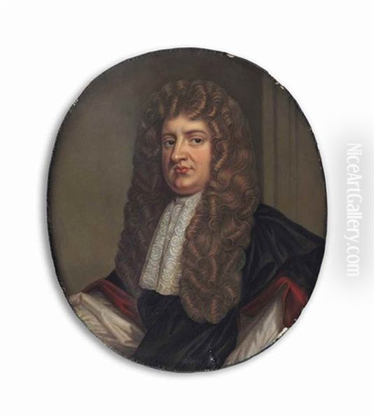 William Lord Russell (1639-1683) Wearing Long Curling Brown Wig, White Lace Jabot And Black Cloak With Red Lining Over White Shirt Oil Painting by Henry Bone