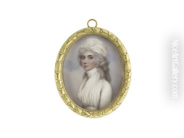 The Hon. Lady Rebecca Northwick Nee Bowles (1740-1818), Wearing White Dress And Fichu Wrapped Around Her Neck, Her Hair Powdered Beneath A White Turban by Henry Bone