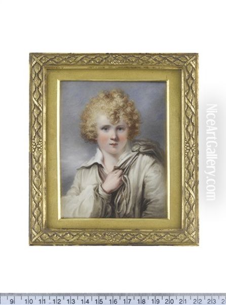 The Little Man Of Kent, Wearing White Open Chemise, Supporting A Fern Green Saddle Bag On His Back With His Right Hand, His Blond Curling Hair Worn Loose (after Ozias Humphry) Oil Painting by Henry Bone