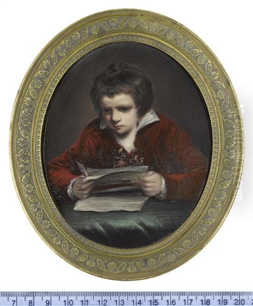 The Artist's Son, Peter Joseph Bone (1785-1814), Seated At A Table And Reading, Wearing Red Coat And Waistcoat, White Chemise Oil Painting by Henry Bone