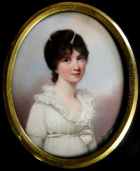 Portrait Of A Young Lady Wearing A White Dress With Frilled Collar Oil Painting by Henry Bone