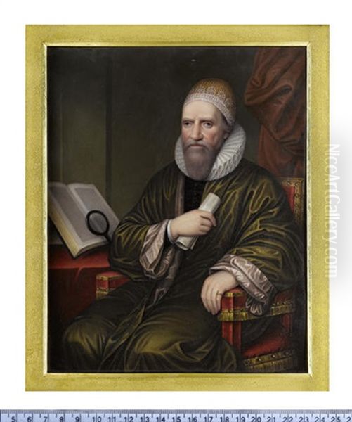 Sir Henry Spelman, Seated In A Red Upholstered Chair With Studded Gold Edge And Fringe, Wearing Olive Green Cloak With Mauve Lining, Black Doublet, White... Oil Painting by Henry Bone