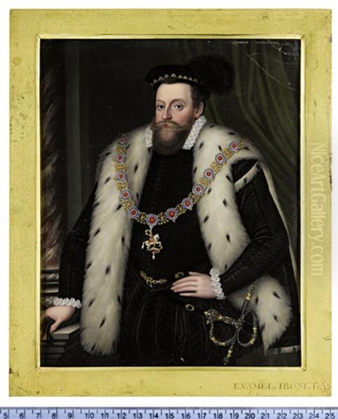 Sir Henry Sidney, Standing Before Green Drapery, A Marble Pillar To His Left, Wearing Black Stockings And Dark Brown Breeches Slashed To Reveal Black... Oil Painting by Henry Bone