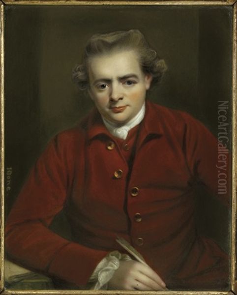 John Gawler, In Red Jacket And Waistcoat With Gold Buttons, Fine Linen Shirt, Knotted Cravat, Holding A Quill In His Right Hand And Resting His Arm On A Book Positioned Upon A Table Oil Painting by Henry Bone