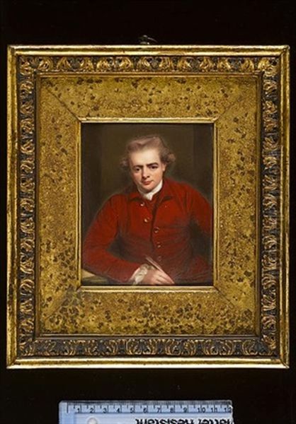 John Gawler Wearing Red Coat With Gold Buttons, Red Waistcoat, White Chemise And Tied Cravat, Leaning On A Book Placed Upon A Table And Holding A Quill Oil Painting by Henry Bone