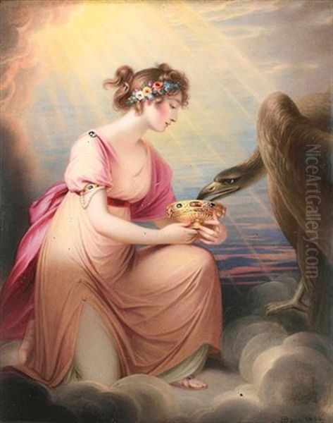 Frances, Lady Burrell As Hebe, Wearing Pink Classical Robes, Strand Of Pearls Hanging From A Jewelled Armlet And Flowers In Her Hair, Feeding Jupiter's Eagle From A Gilded An Bejewelled Dish Oil Painting by Henry Bone