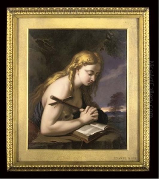 Mary Magdalene, In Prayer At A Rock Reading The Bible, Her Hands Clasping A Crucifix, A Skull Tucked Under Her Right Arm, An Incense Burner Beside Her; Wearing A Blue Dress, Long Fair Curling Hair Oil Painting by Henry Bone