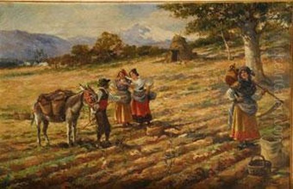 Bebiendo En La Fuente / Campesinos De Vuelta A Casa Oil Painting by Manuel Alcazar Y Ruiz