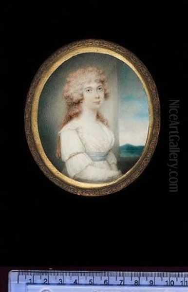 A Lady Wearing White Dress With Pale Blue Waistband And Strand Of Pearls Around The Sleeve, Her Hair Powdered, She Sits Before An Open Window by Henry Bone