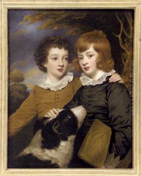 Henry Gawler And His Brother John Bellenden Ker Holding A Portfolio, As Children With Their Dog Oil Painting by Henry Bone