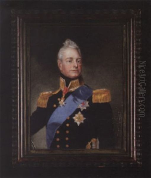 William Iv, King Of England, Wearing Black Coat With Gold Embroidered White Collar, Gold Epaulettes, The Blue Sash And Breast Star Of The Order Of The Garter And Breast Star Of The Order Of The Bath Oil Painting by Henry Bone