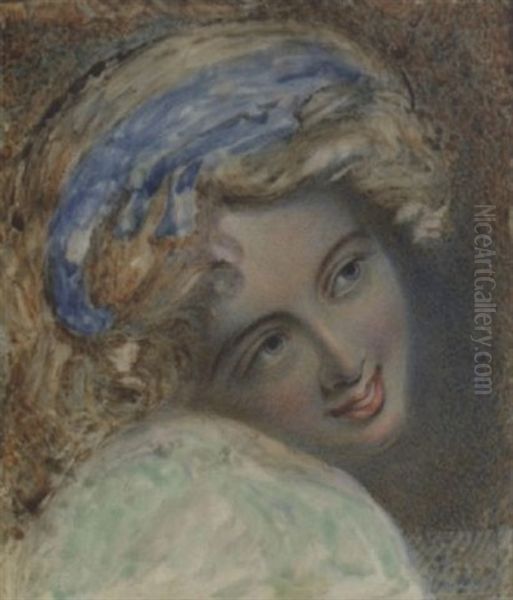 Unfinished Portrait Of Emma, Lady Hamilton, Wearing White Robes, A Blue Ribbon In Her Blonde Hair Oil Painting by Henry Bone