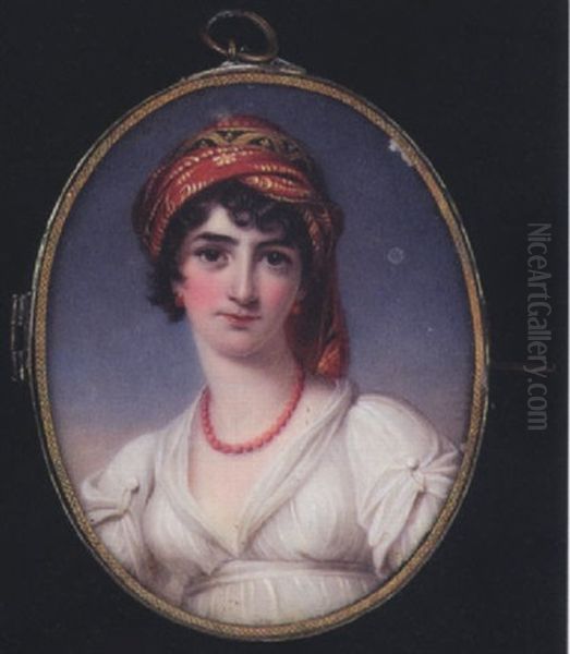 Mrs. John Halkett Wearing White Dress, Coral Necklace, Matching Earrings And Embroidered Turban Oil Painting by Henry Bone