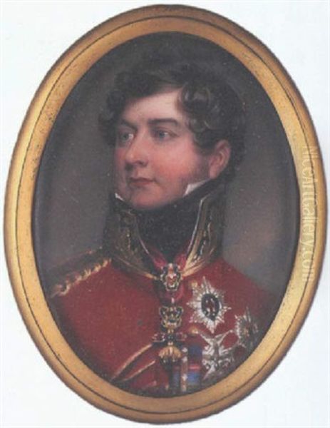 George Iv When Prince Regent, Wearing Field Marshal's Red Uniform, Miniature Ribbons, Golden Fleece, Stars Of The Garter, Holy Spirit, Black Eagle And St. Andrew Oil Painting by Henry Bone