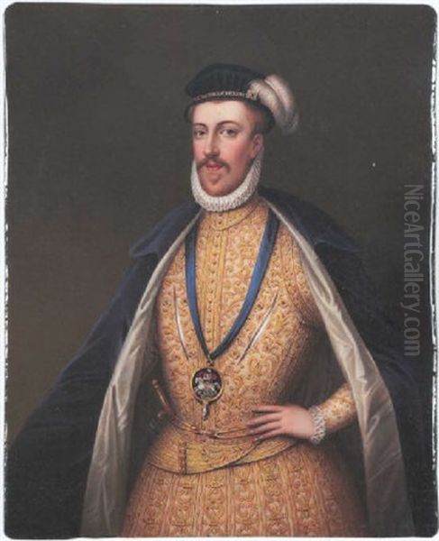 Portrait Of Thomas Howard, 4th Duke Of Norfolk, Wearing Velvet Cloak, Cream Doublet With Gold, Garter And Lesser George Of The Order On A Blue Ribbon And Gilt Dagger At His Waist Oil Painting by Henry Bone