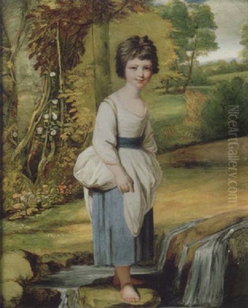 Sylvia, Lady Anne Fitzpatrick As A Young Girl, Wearing White Dress With Blue Ribon Waistband And Blue Underskirt, Landscape Background Oil Painting by Henry Bone