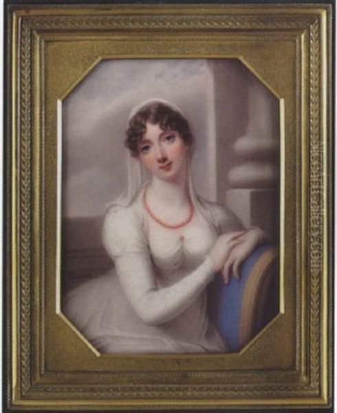 Portrait Of Lady Cockerell Wearing White Dress With Coral Brooch At Her Corsage, White Veil In Her Curled Brown Hair And Coral Necklace by Henry Bone