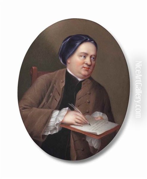 Samuel Richardson (1689-1761), Writing A Letter, Seated In Wooden Chair, Wearing Brown Coat Over Black Waistcoat, Blue Turban, A Quill In His Right Hand Oil Painting by Henry-Pierce Bone