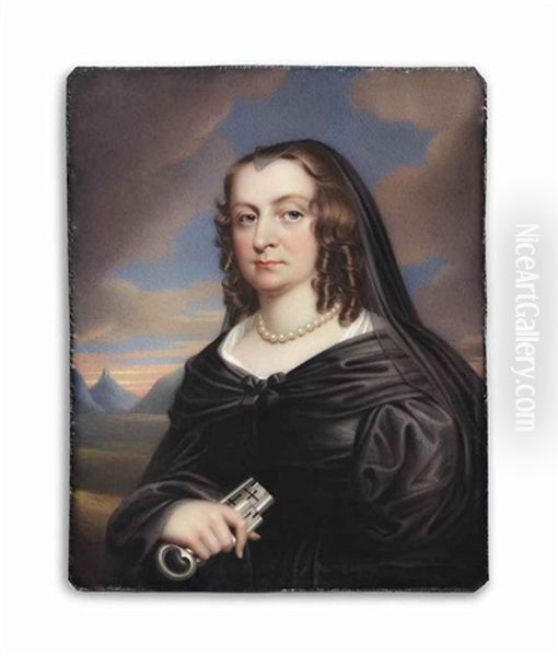 Lady Bankes, Nee Mary Hawtrey (d. 1661), In Widow's Dress, Gauze Veil, Pearl Necklace, Holding The Keys To Corfe Castle, Dorset, In Her Right Hand; Landscape Background With Corfe Castle In The Distance Oil Painting by Henry-Pierce Bone