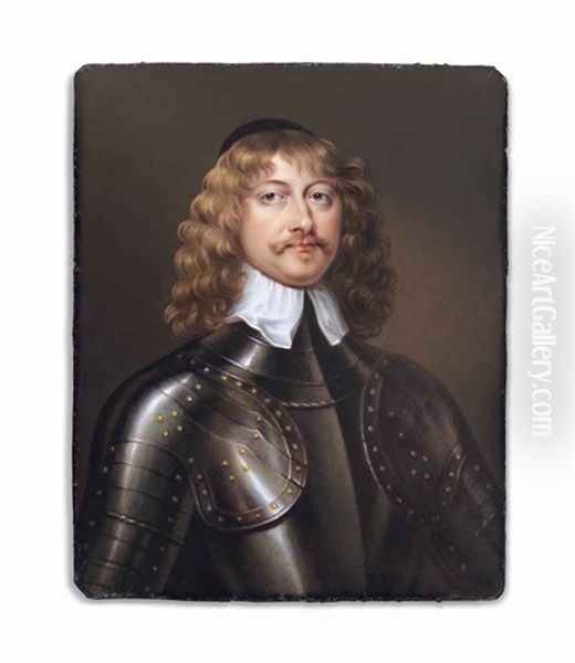 James Graham, 1st Marquis Of Montrose (1612-1650), In Gilt-studded Armour And White Lawn Collar, Black Skull Cap In His Curling Fair Hair, Small Beard And Moustache Oil Painting by Henry-Pierce Bone