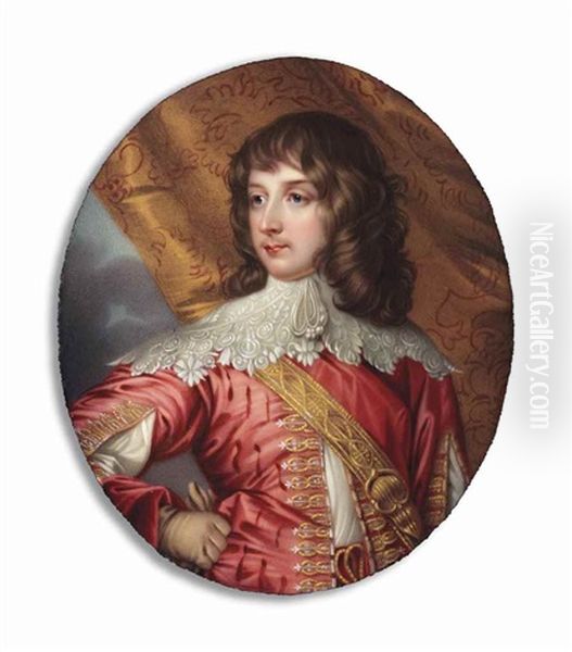 William Russell, 1st Duke And 5th Earl Of Bedford (1613-1700), Wearing Pink Doublet Slashed To Reveal White, Wide White Lace Collar, Gold Sword Belt Across His Chest, Embroidered Curtain Background Oil Painting by Henry-Pierce Bone