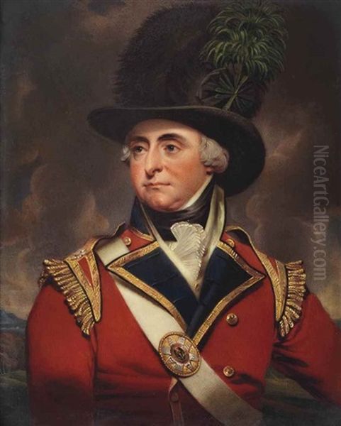 General Robert Manners (1758-1823), In The Uniform Of The Light Company Of The 3rd (scots) Regiment Of Foot Guards, Scarlet Coat, Gold-bordered Blue Lapels And Collar, Gold Buttons And Wings, Part-enamelled Regimental Shoulder Belt Plate Decorated With Th Oil Painting by Henry-Pierce Bone