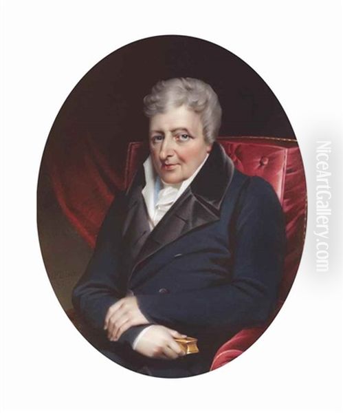 Alleyne Fitzherbert (1753-1839), 1st Baron St Helens, In Navy Double-breasted Frock Coat With Black Satin Lapels, White Stand-collar Waistcoat, White Frilled Cravat And Stock, Seated, Holding A Gold Snuff-box In His Right Hand; Red Curtain Background Oil Painting by Henry-Pierce Bone