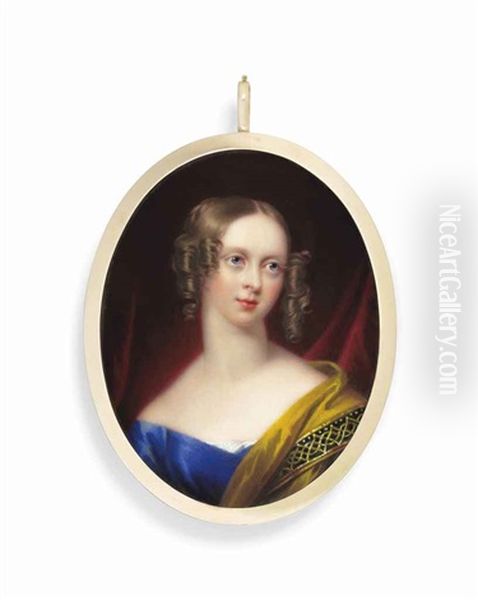 Emily Mary, Countess Of Craven, Nee Grimston (d. 1901) In Blue Off-the-shoulder Dress With Mustard-coloured Stole With Elaborate Border Oil Painting by Henry-Pierce Bone