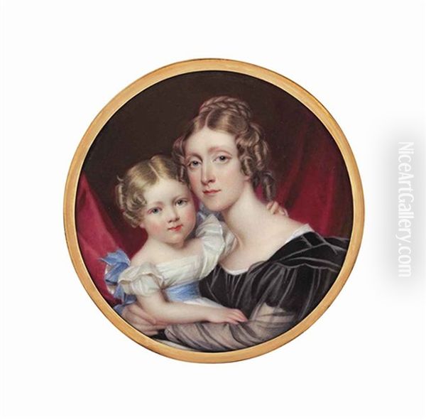 Countess Elizabeth Georgiana Spencer, Nee Poyntz (1799-1851) In Black Dress With Gauze Sleeve, Holding Her Daughter, Lady Georgina Spencer (1832-1852)... Oil Painting by Henry-Pierce Bone