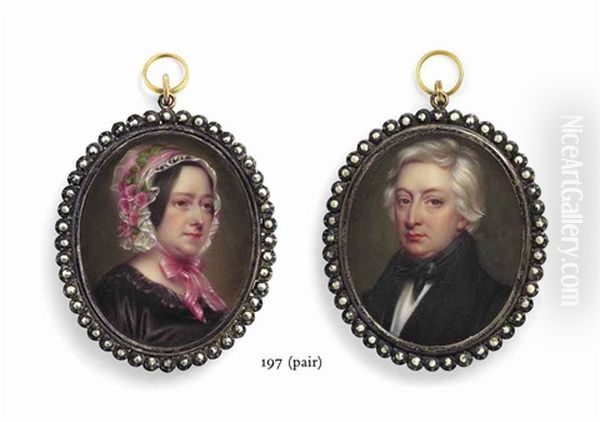 A Self-portrait Of The Artist And His Wife Anna Maria; He, In Black Coat, Waistcoat And Stock, She In Black Dress, White Bonnet With... (2 Works) Oil Painting by Henry-Pierce Bone