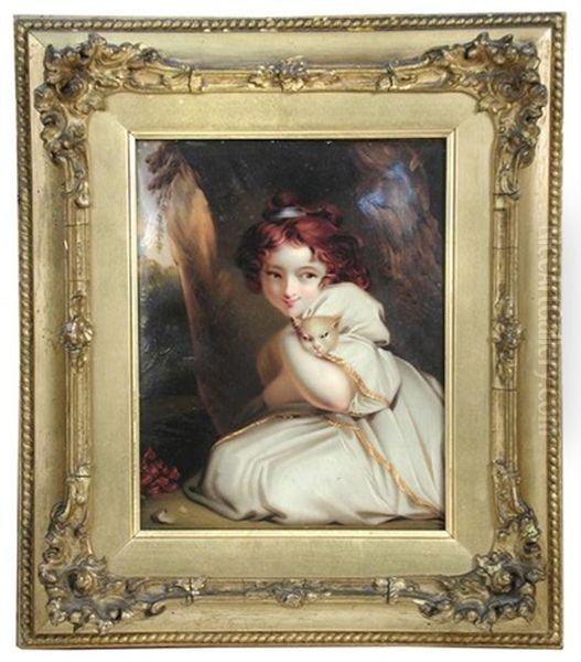 A Red-haired Girl Below A Tree Holding A Kitten After Sir Joshua Reynolds Oil Painting by Henry-Pierce Bone