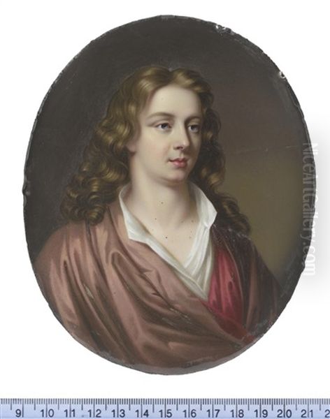 Abraham Cowley (1618-1667), Wearing Brown Cloak With Crimson Lining And White Chemise, His Natural Wavy Locks Worn To His Shoulders. (after Mary Beale) Oil Painting by Henry-Pierce Bone